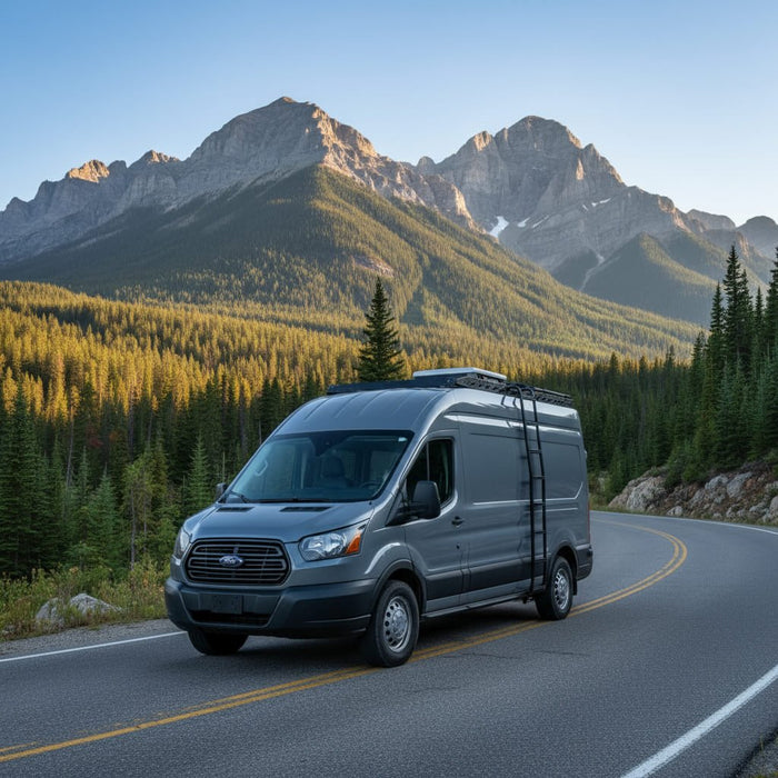 Side ladder for Transit vans made from premium lightweight aluminum, featuring square anti-slip steps and round side rails for comfortable grip, ideal for accessing rooftop gear safely and efficiently during van life adventures