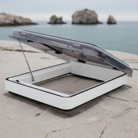 Motorized roof hatch system for van skylight installation and airflow