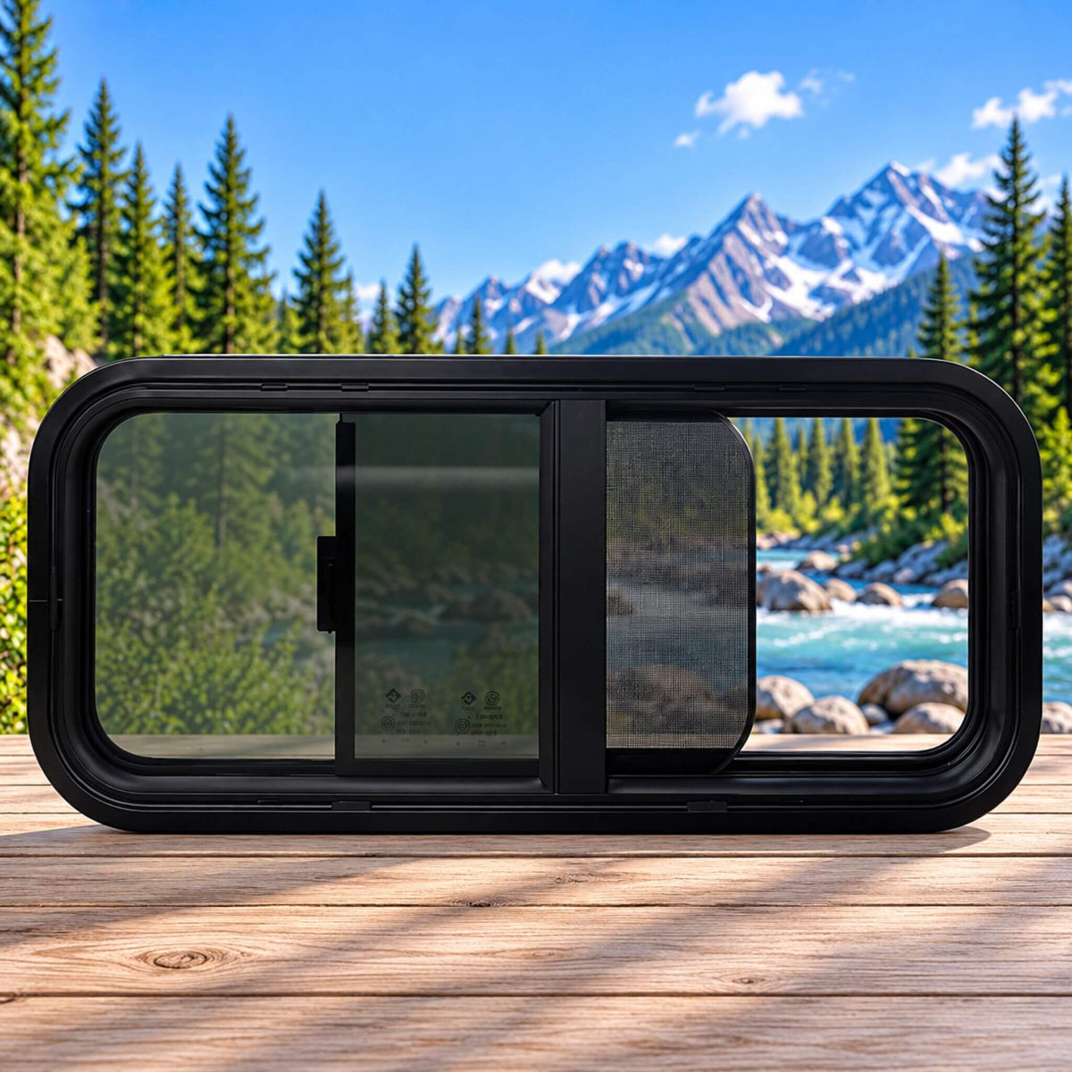 Overlander OVR3511 sliding bunk window installed on a gray campervan, suitable for Mercedes Sprinter, Ford Transit and Ram ProMaster conversions.