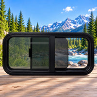 Overlander OVR3511 sliding bunk window installed on a gray campervan, suitable for Mercedes Sprinter, Ford Transit and Ram ProMaster conversions.