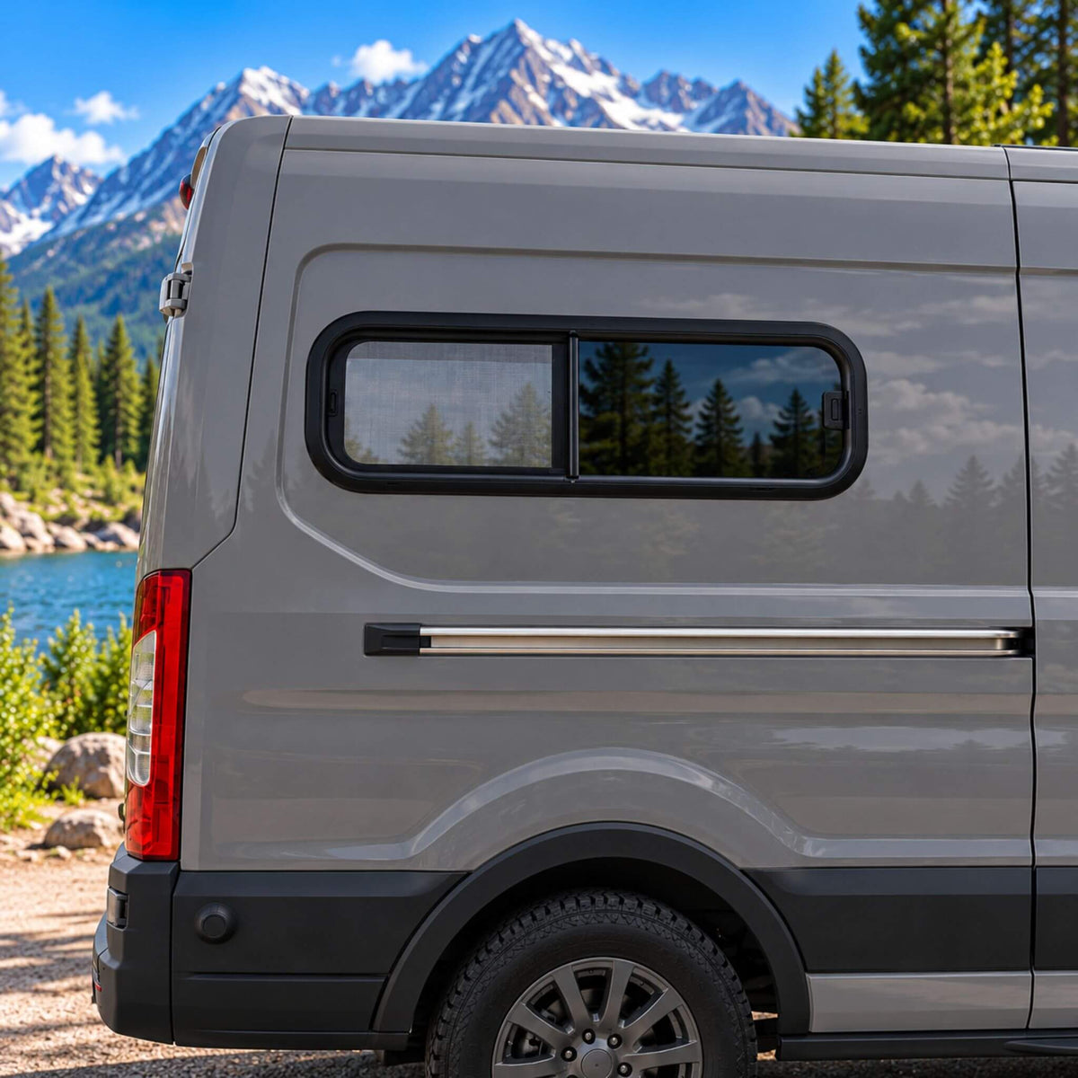 Overlander OVR3511 universal half-slider bunk window with black aluminum frame, solar privacy glass and fixed bug screen.