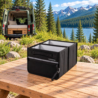 VanEssential 18 L collapsible storage box with rigid walls and mesh pockets for campervan storage.