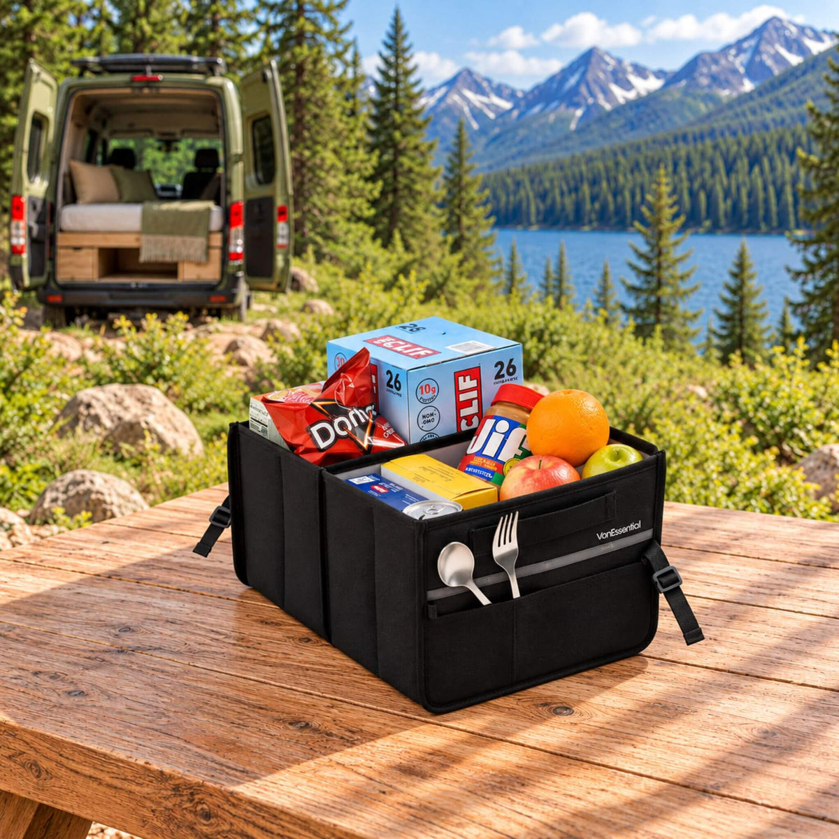 VanEssential 18 L collapsible storage box filled with groceries for a road trip by the lake.
