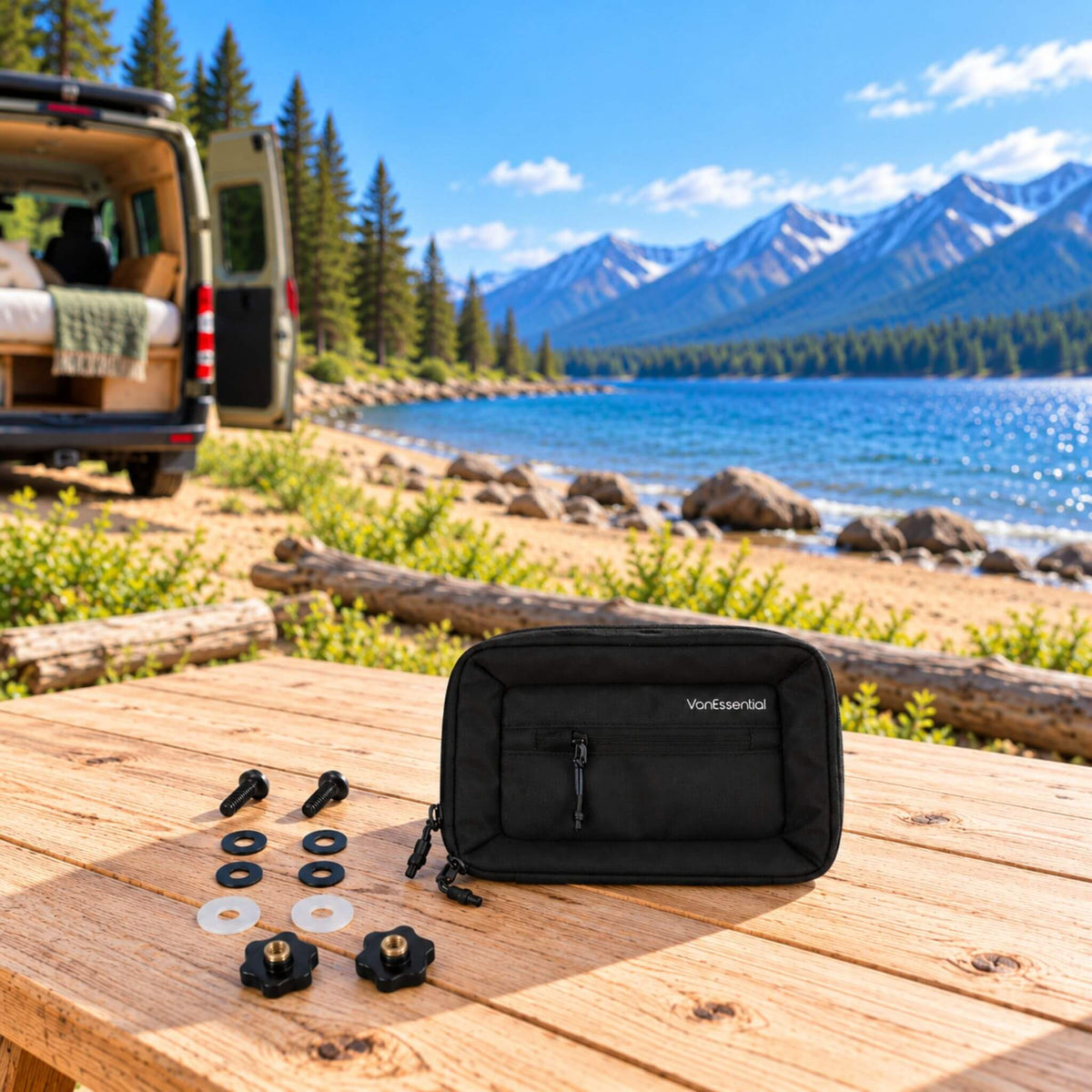 VanEssential L-Track stow bag 2 L with installation hardware, professional installation in Gatineau.