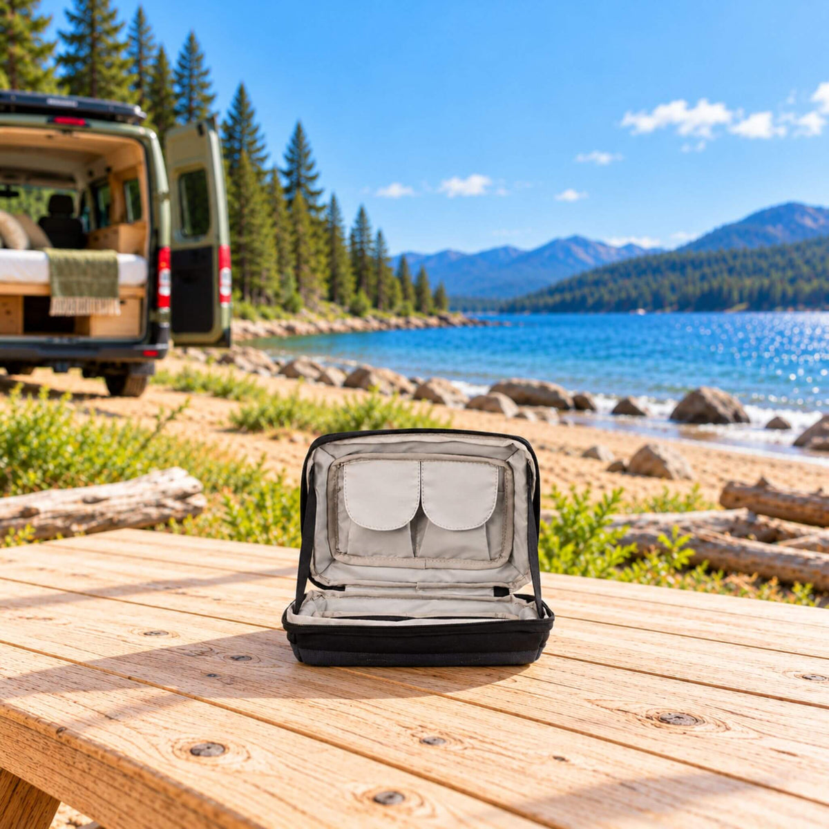 VanEssential L-Track stow bag with elastic and Velcro pockets for small gear storage in vanlife.