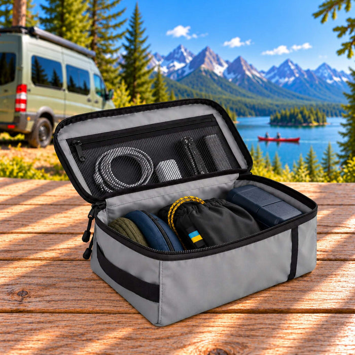 Petit cube de rangement VanEssential de 1 L avec sangle d’accroche pour l’accrocher n’importe où dans un campeur.