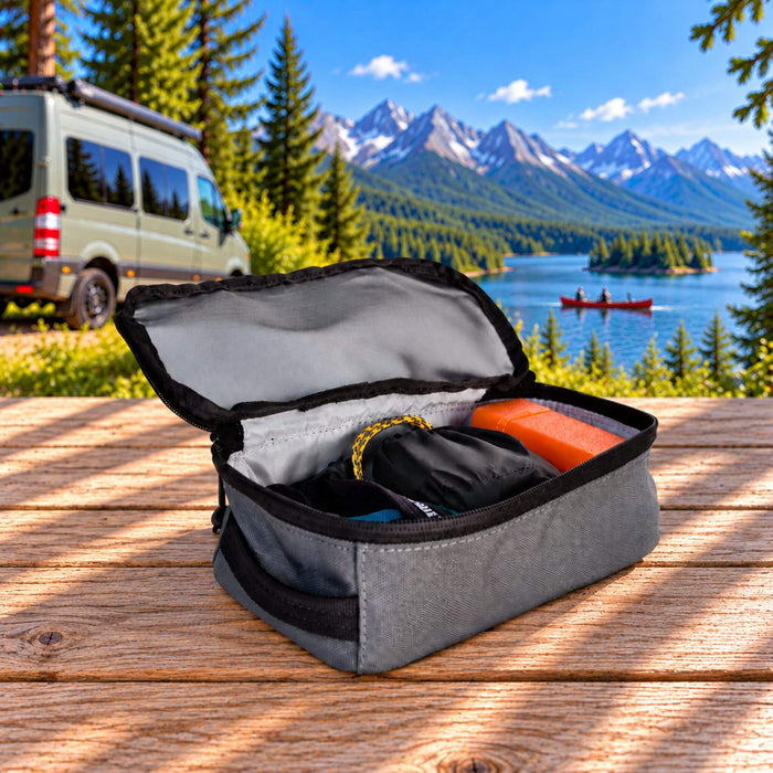 Cube de rangement compact VanEssential de 1 L pour garder lampes frontales et piles à portée de main en VR.