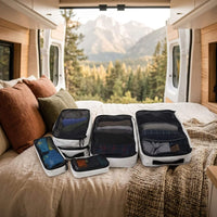 VanEssential packing cube set in 5 sizes, from 1 L to 18 L, to organize a whole van.