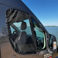 VanEssential Ram ProMaster front door bug screens with No-See-Um mesh for campervans.