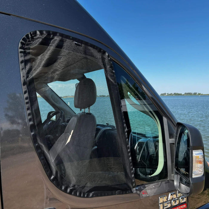 VanEssential Ram ProMaster front door bug screens with No-See-Um mesh for campervans.