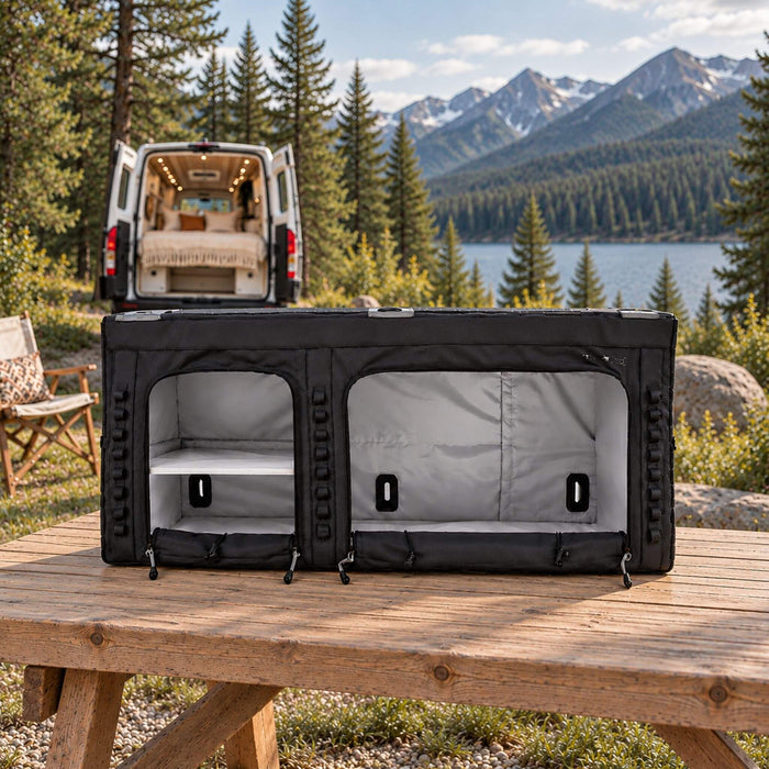 Armoire de rangement haute VanEssential de 36 po, portes ouvertes montrant la tablette intérieure, prête pour une van aménagée.