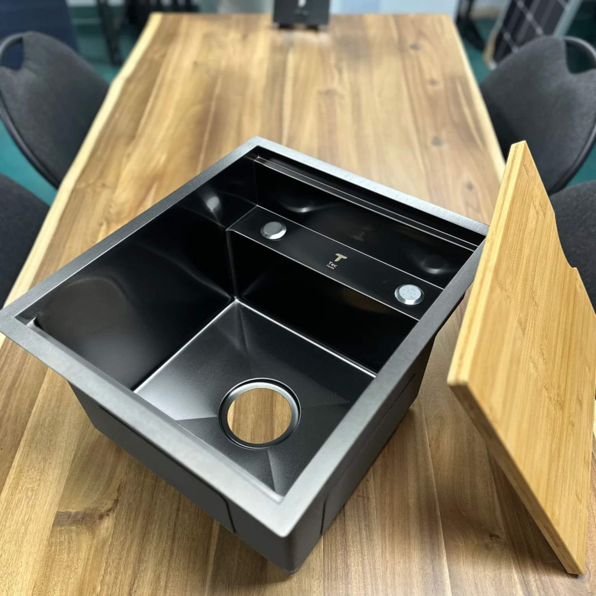 Vanlife sink installed in countertop for camper van plumbing