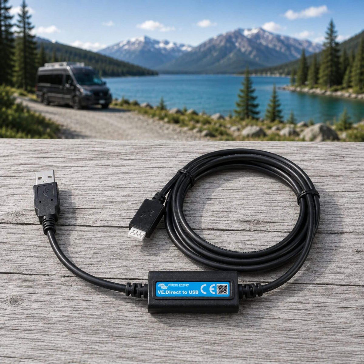 Victron Energy VE.Direct to USB interface for connecting compatible Victron devices to a computer, allowing monitoring, configuration, firmware updates, and diagnostics.