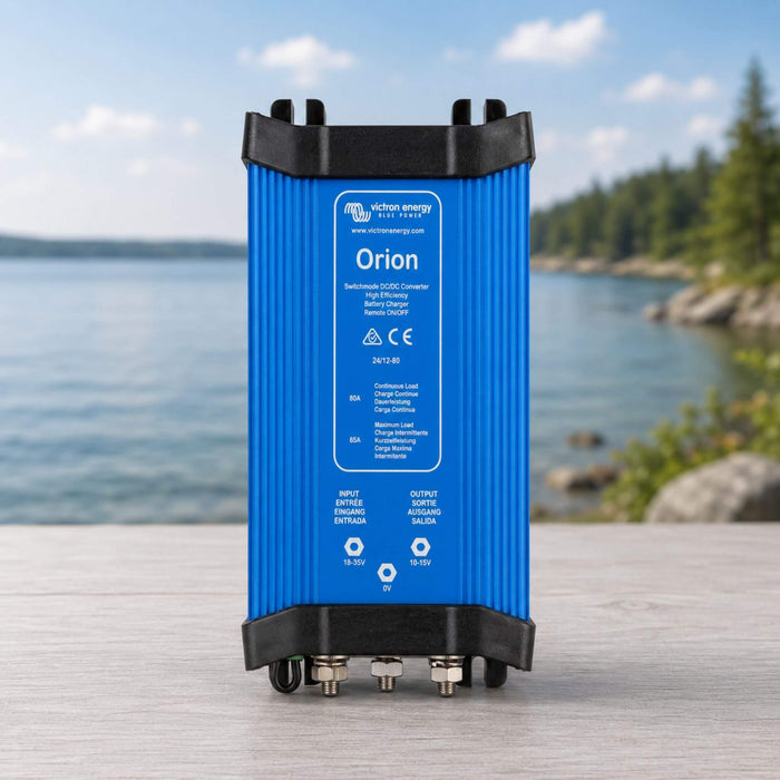 Victron Orion 24/12-80A DC-DC battery charger with integrated remote on/off terminal and high-current charging connections.