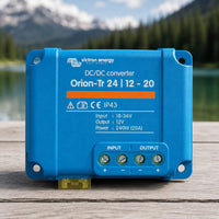 Victron Orion-Tr 24/12-20 DC-DC charger connection ports and fuse detail for van conversion electrical systems, camper van power installation, off-grid battery charging setup.