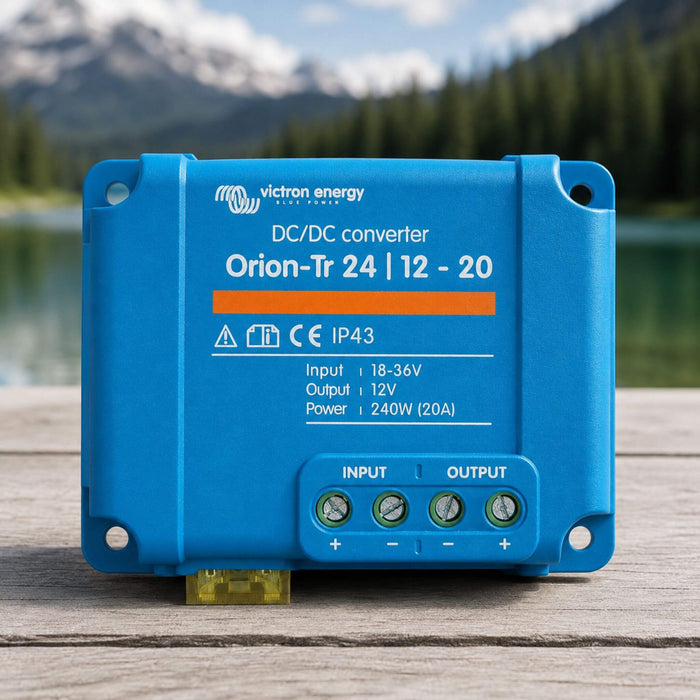 Victron Orion-Tr 24/12-20 DC-DC charger connection ports and fuse detail for van conversion electrical systems, camper van power installation, off-grid battery charging setup.