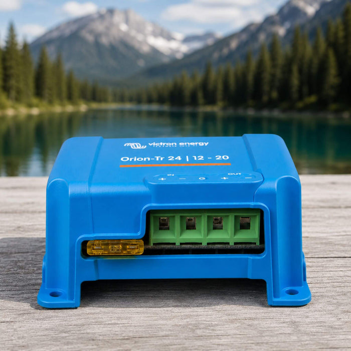 Victron Orion-Tr 24/12-20 DC-DC charger with integrated fuse and wiring terminals for camper van electrical systems, auxiliary battery charging, off-grid power and vanlife adventures.