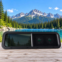 VWD Dual Fan Half-Slider bunk window designed for driver side RV ventilation and airflow.
