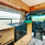 Lonavity van, custom van conversion, beautiful cabinets and overhead storage, vintage look
